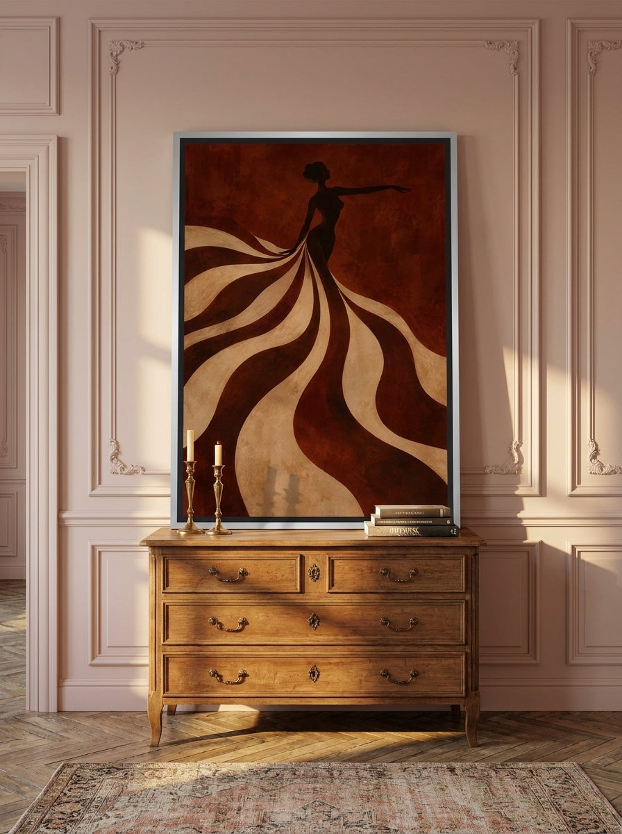 Canvas wall art with a silver leaf surround standing on a sideboard in a Parisian bedroom