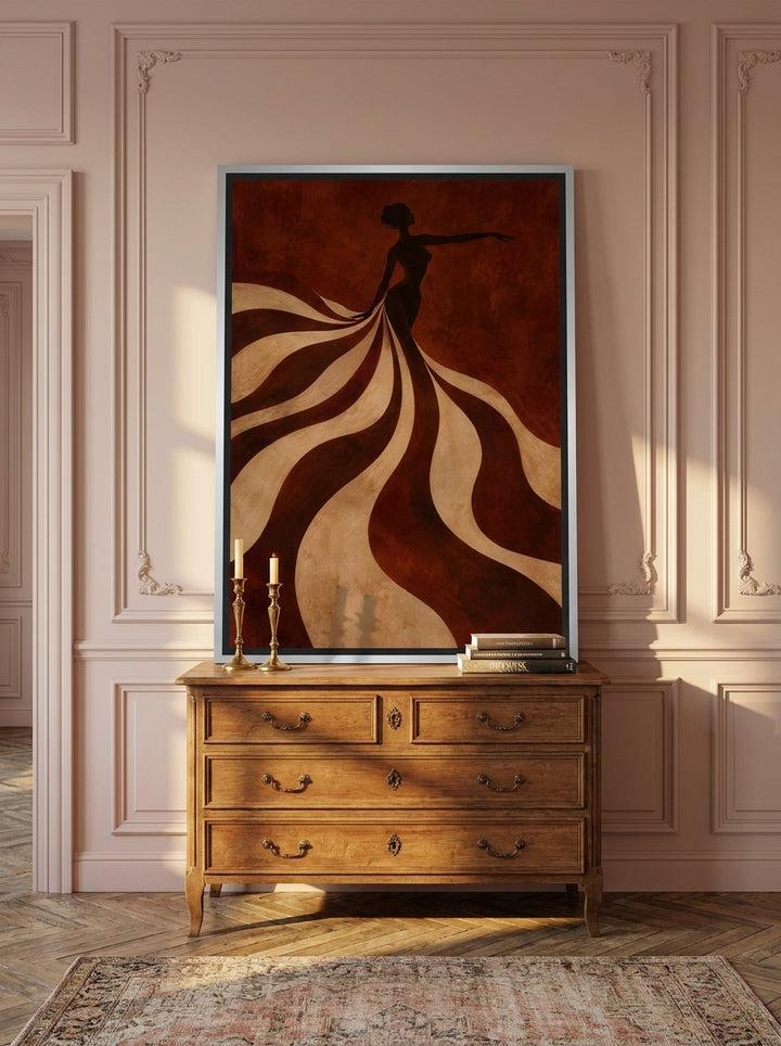Canvas wall art with a silver leaf surround standing on a sideboard in a Parisian bedroom