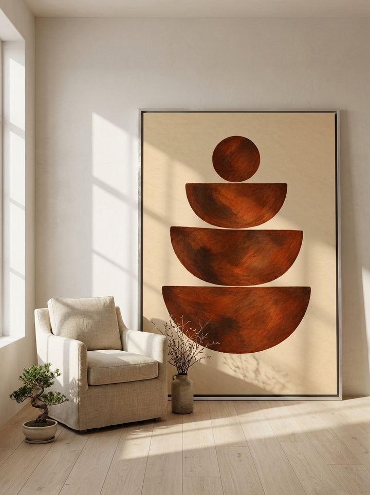 Oversized statement canvas wall art with a silver leaf surround leaning against the wall in a warm Japandi dining room