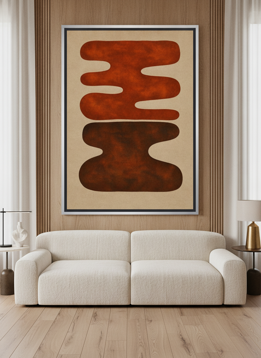 Oversized statement canvas wall art with a silver leaf surround styled on the wall in a luxe living room