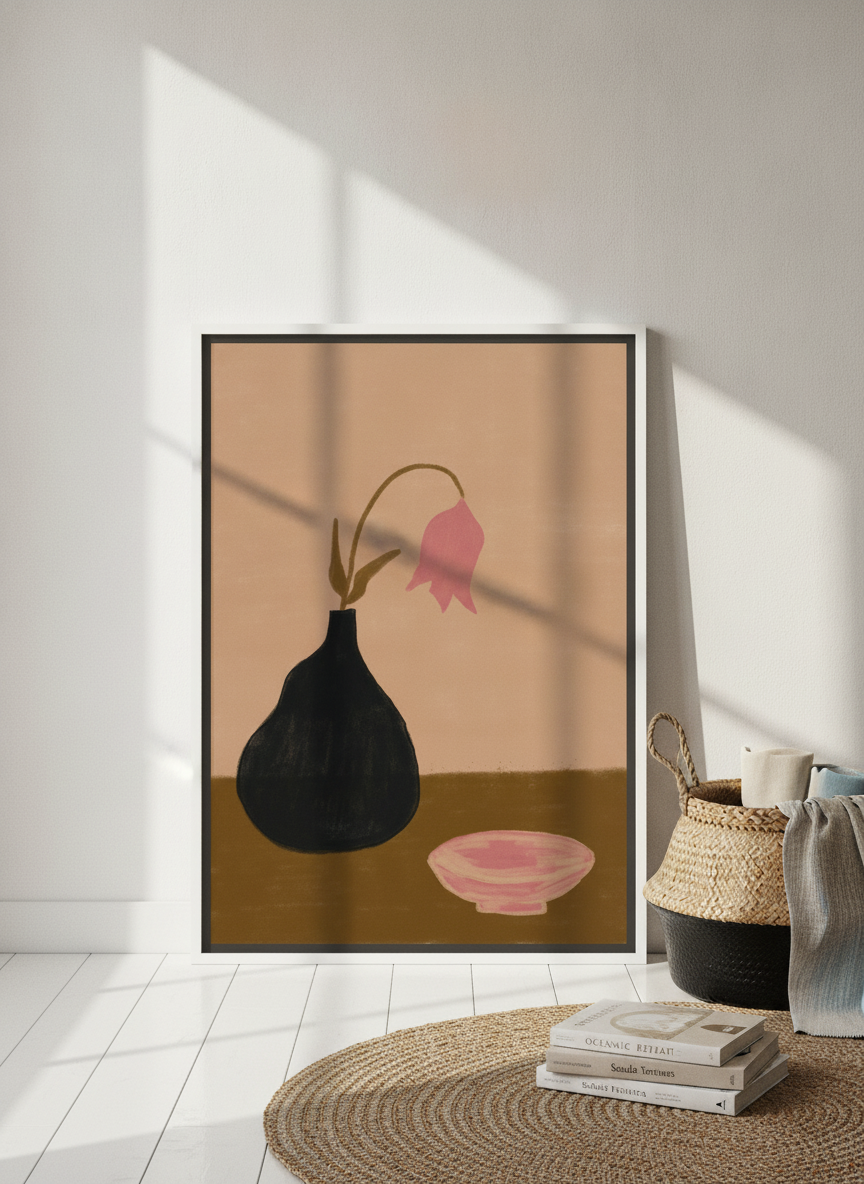 Canvas wall art with a white surround leaning against the wall in a coastal home office
