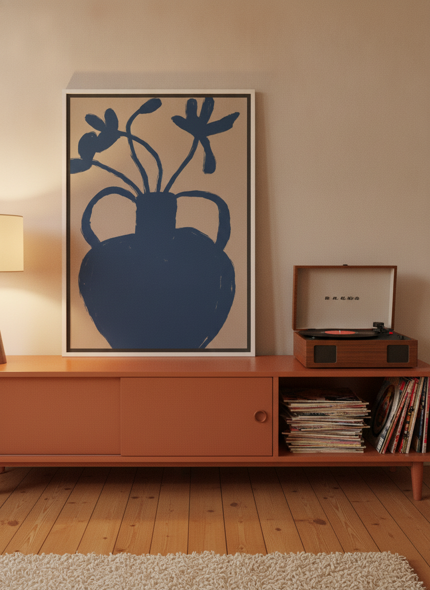 Canvas wall art with a white surround standing on a sideboard in a retro 70s home office