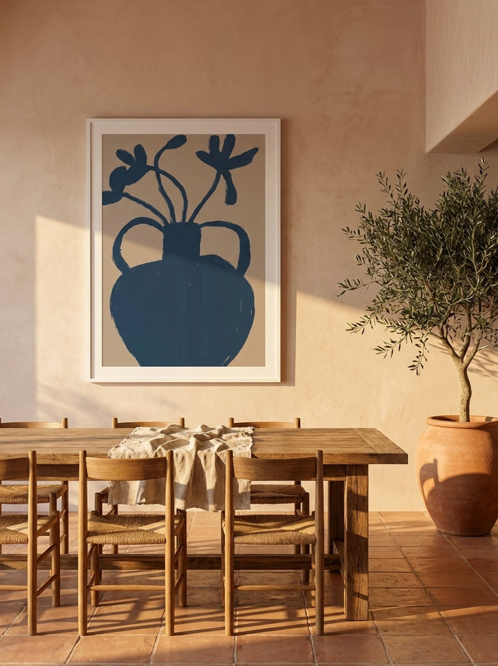 Oversized statement modern wall art print styled on the wall in a Mediterranean dining room