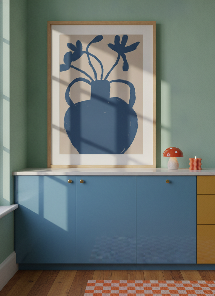 Modern wall art print styled on the wall in a colourful eclectic kitchen