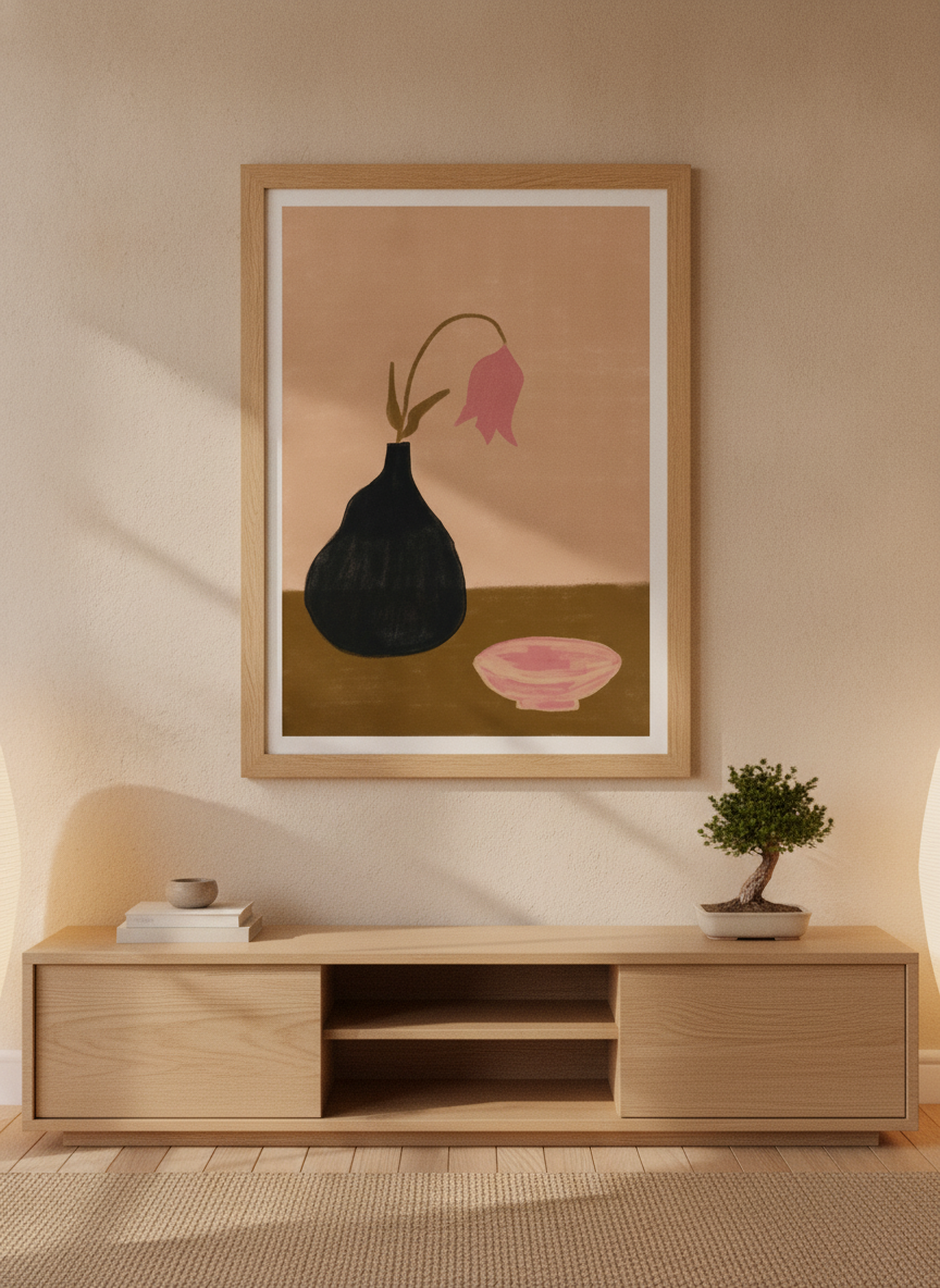 Modern wall art print styled on the wall in a warm Japandi living room