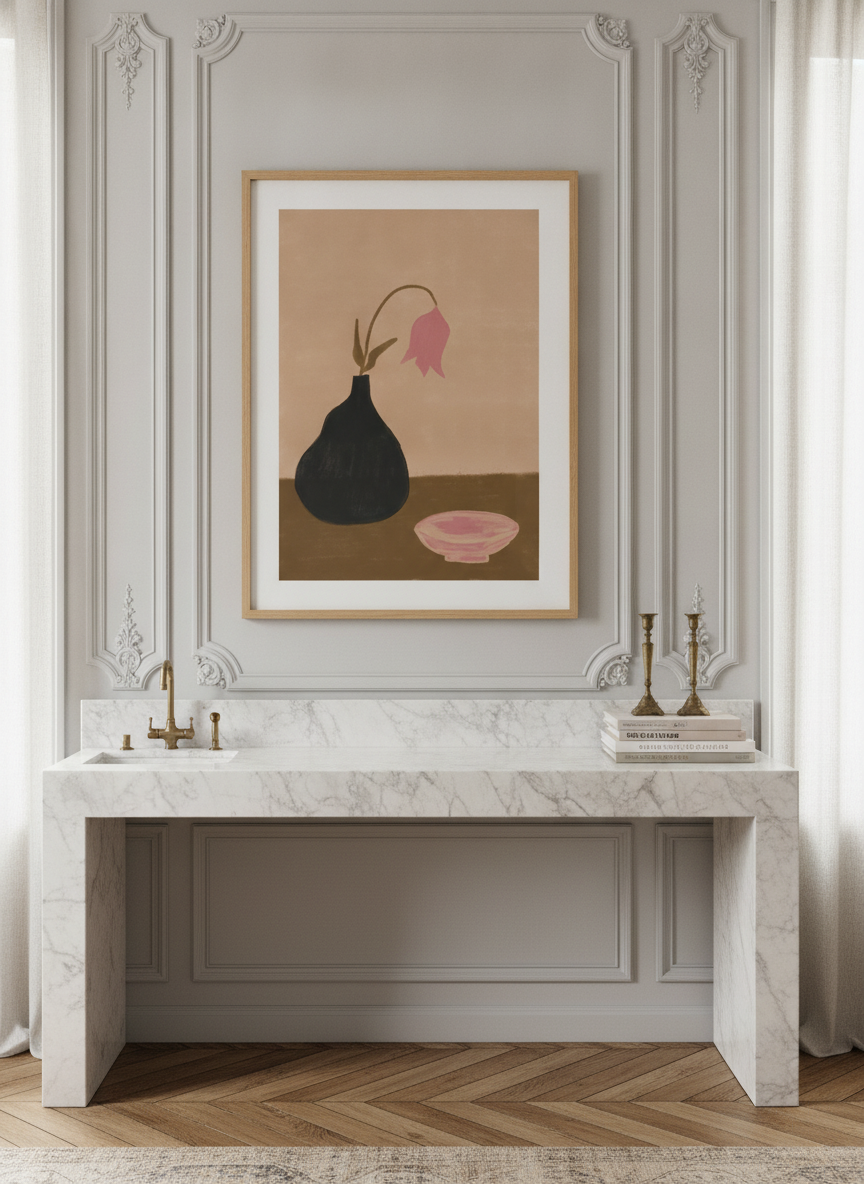 Modern wall art print styled on the wall in a Parisian kitchen