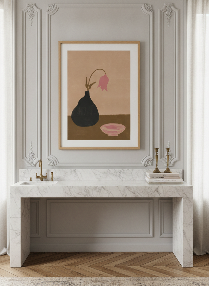 Modern wall art print styled on the wall in a Parisian kitchen