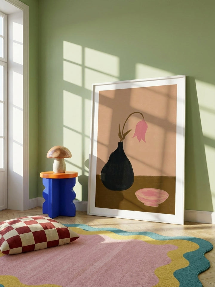 Oversized statement modern wall art print leaning against the wall in a colourful eclectic living room