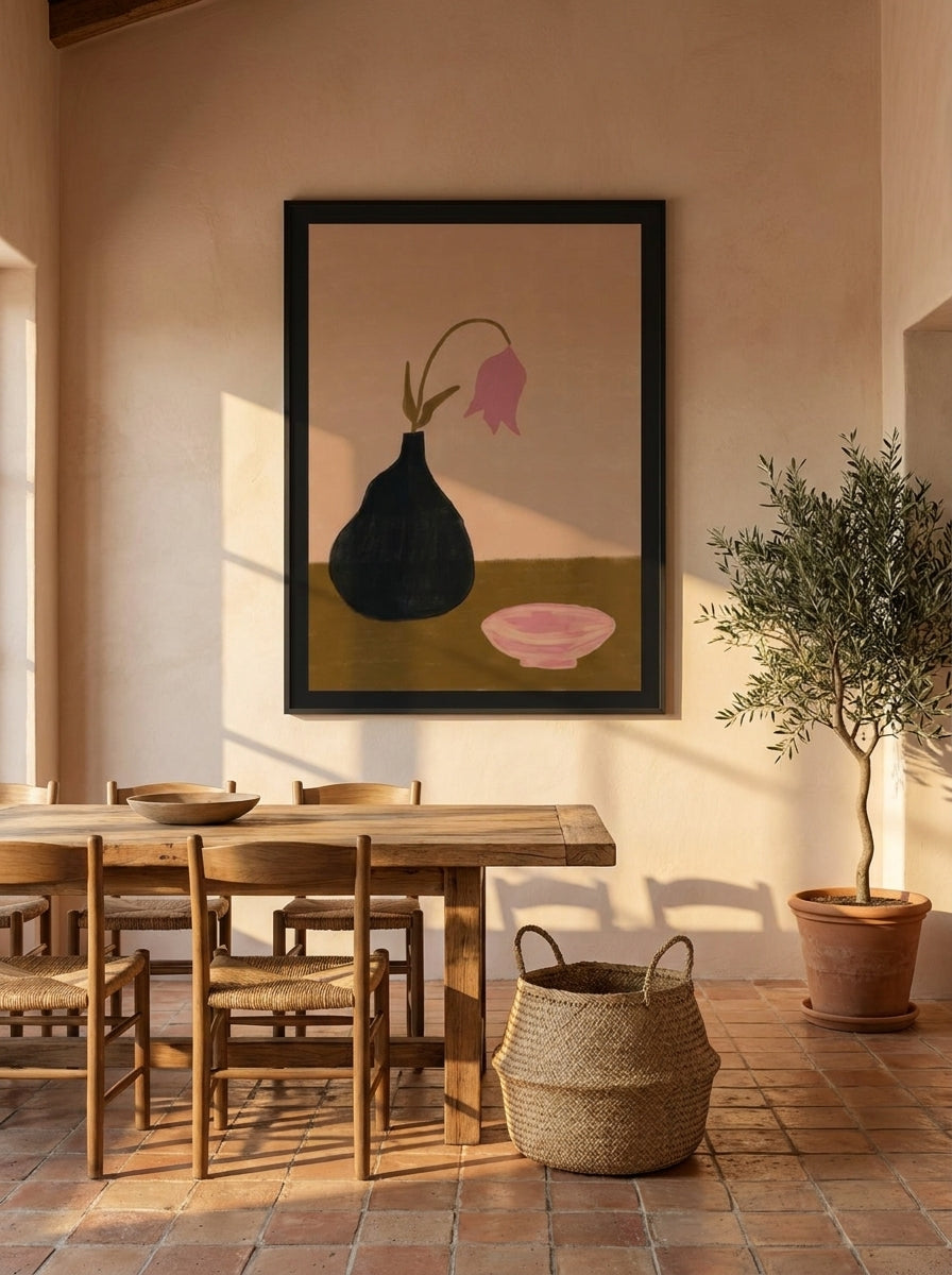 Oversized statement modern wall art print styled on the wall in a Mediterranean dining room