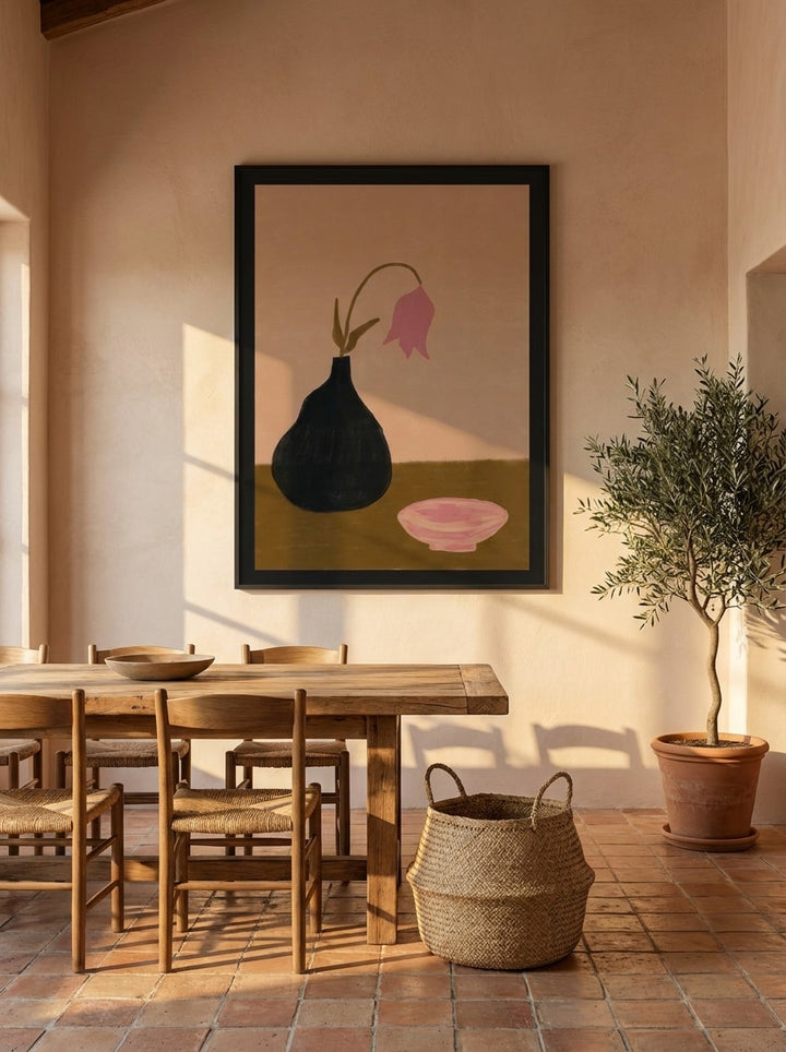 Oversized statement modern wall art print styled on the wall in a Mediterranean dining room