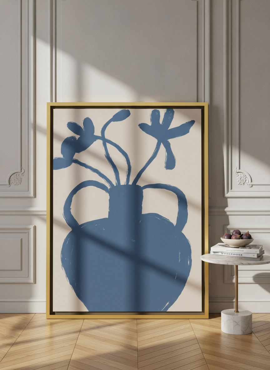 Oversized statement canvas wall art with a gold leaf surround leaning against the wall in a Parisian living room