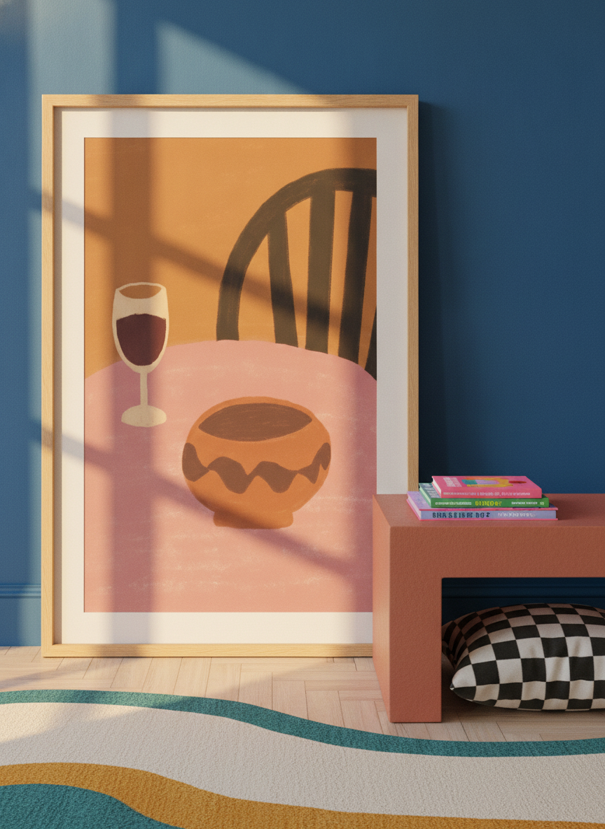 Modern wall art print standing on a side table in a colourful eclectic home office