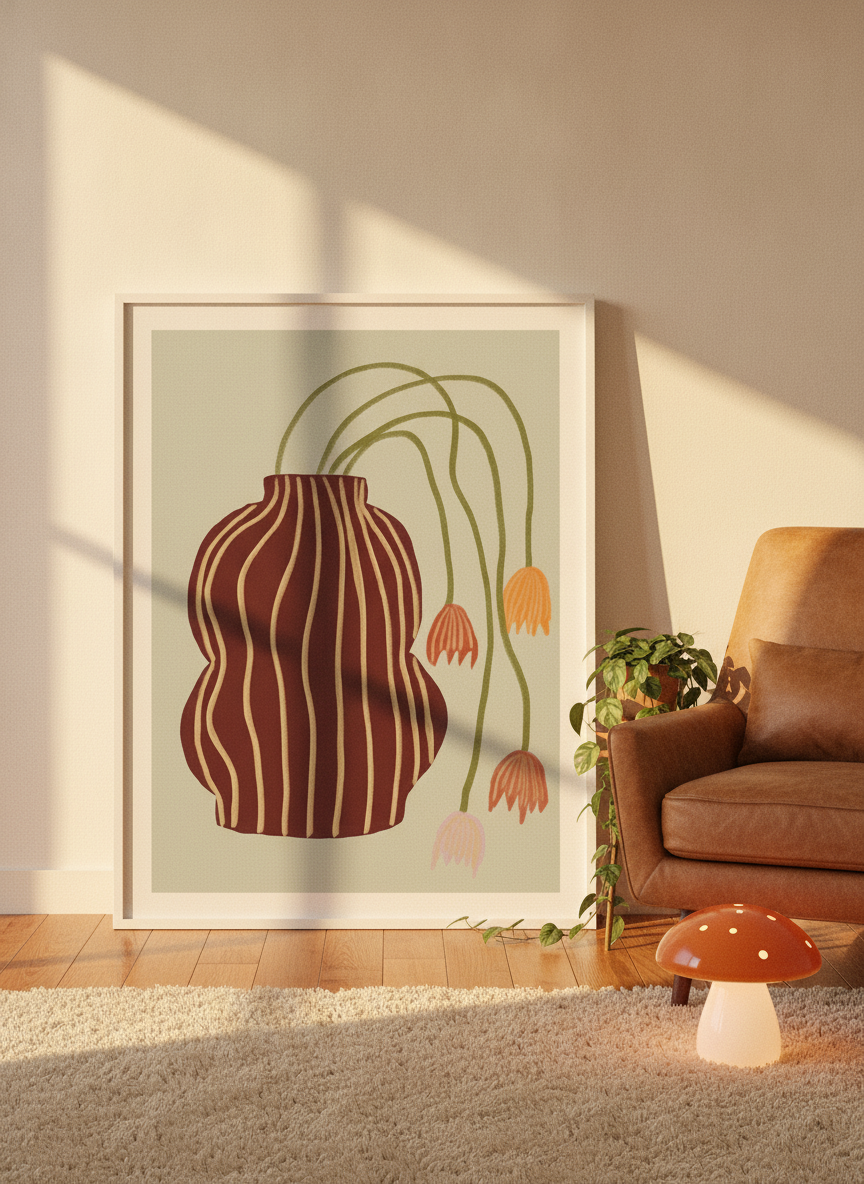 Modern wall art print leaning against the wall in a retro 70s bedroom