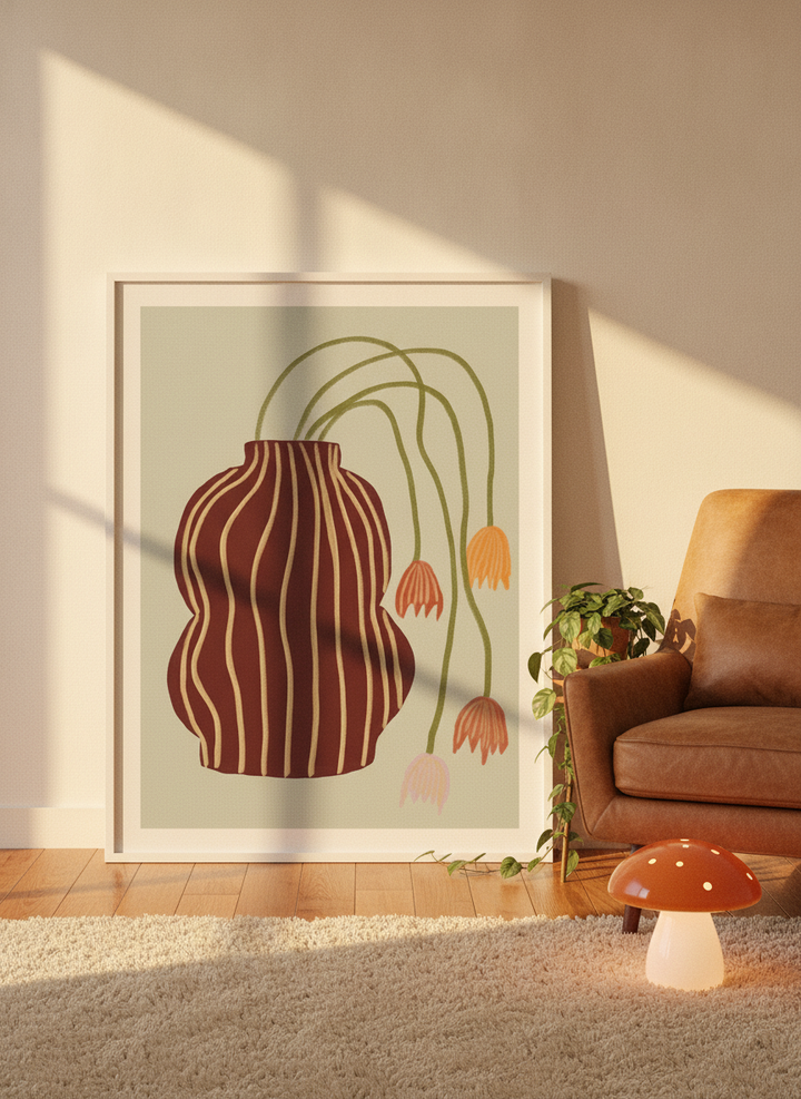 Modern wall art print leaning against the wall in a retro 70s bedroom