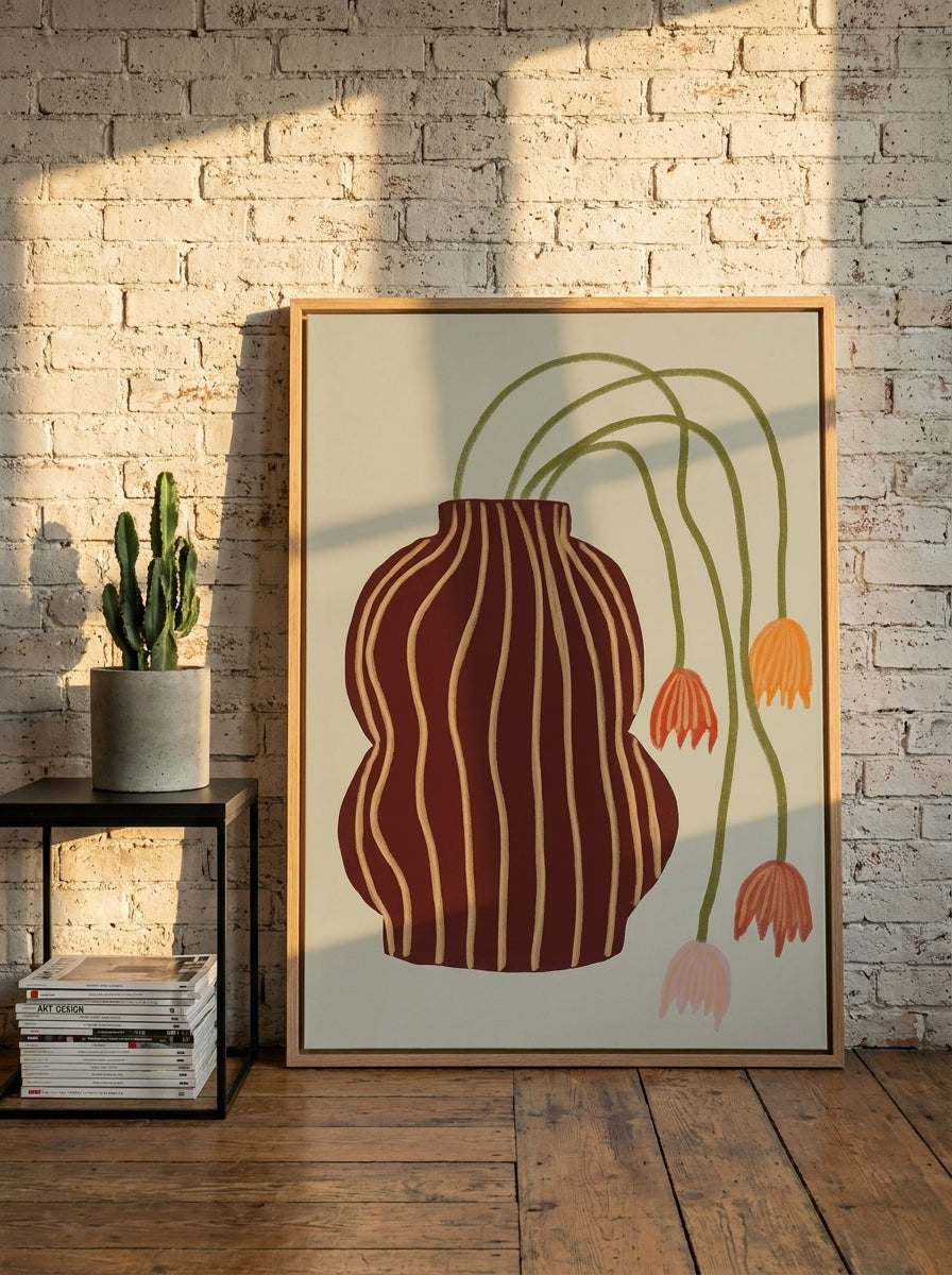 Oversized statement canvas wall art with a natural timber surround leaning against the wall in an industrial loft bedroom