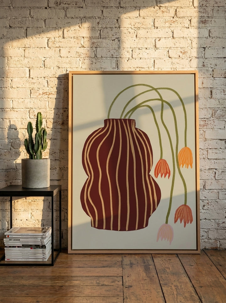 Oversized statement canvas wall art with a natural timber surround leaning against the wall in an industrial loft bedroom