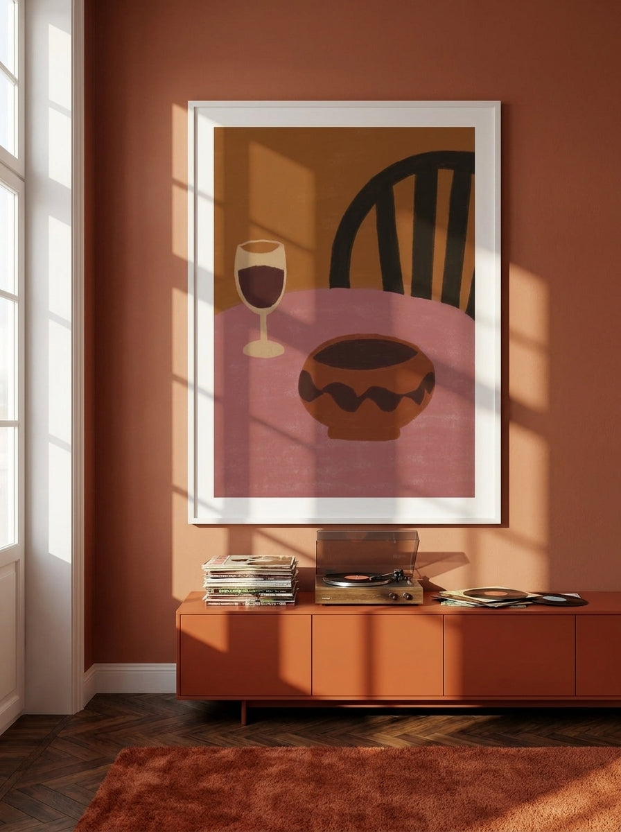 Oversized statement modern wall art print styled on the wall in a retro 70s living room