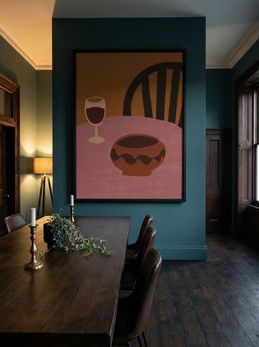 Oversized statement modern wall art print styled on the wall in a moody dining room