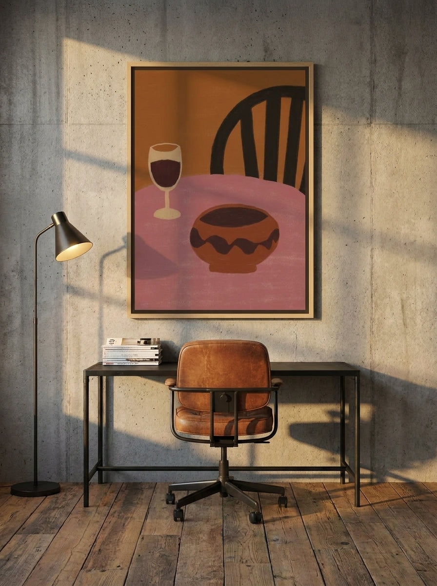 Canvas wall art with a natural timber surround styled on the wall in an industrial loft home office