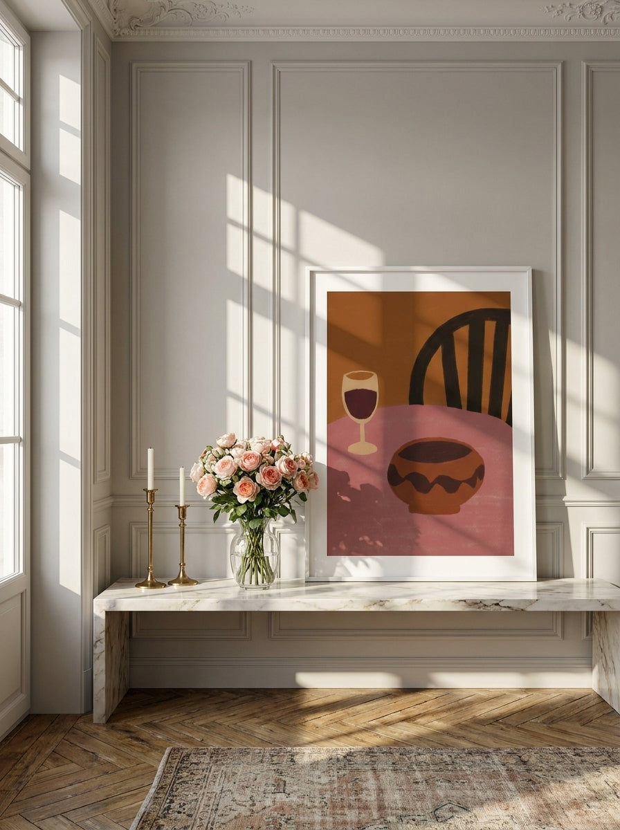 Modern wall art print standing on a kitchen bench in a Parisian kitchen