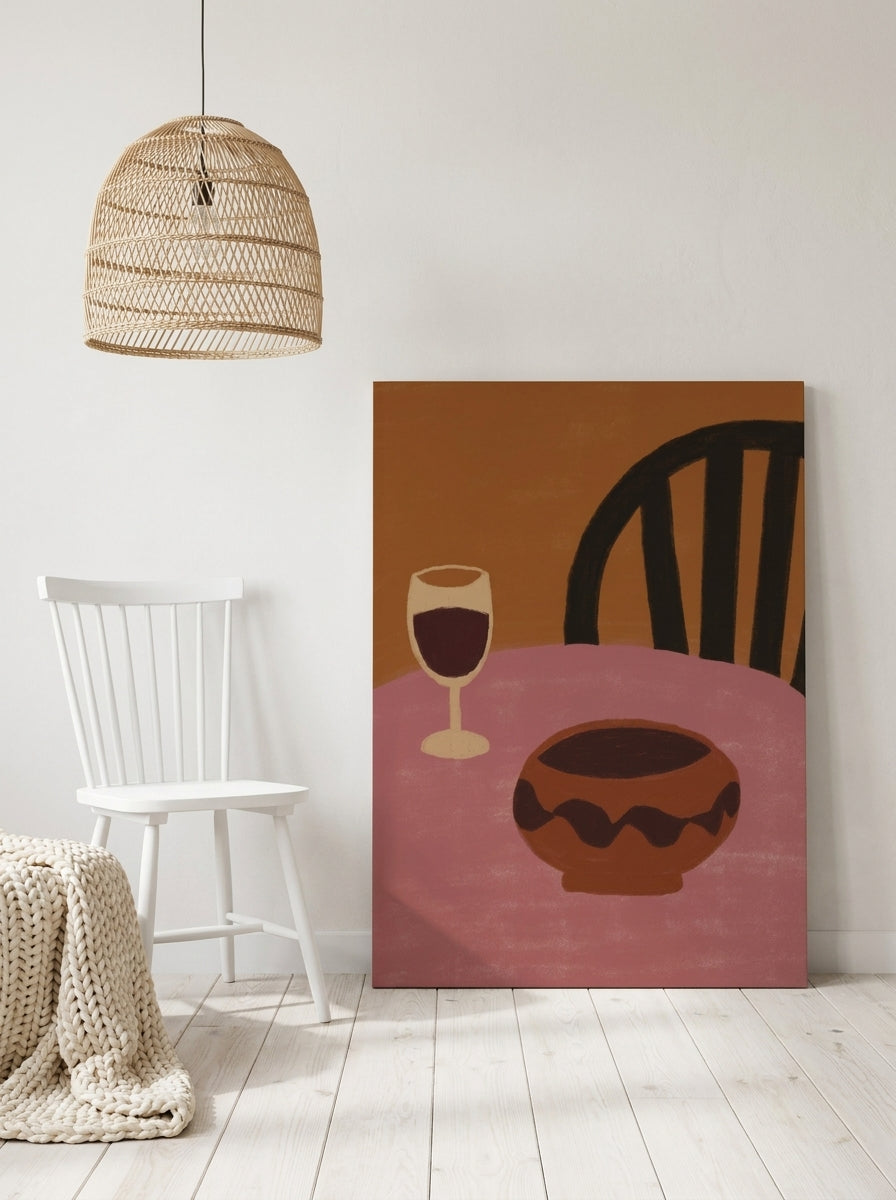 Stretched canvas wall art leaning against the wall in a bright Scandinavian living room
