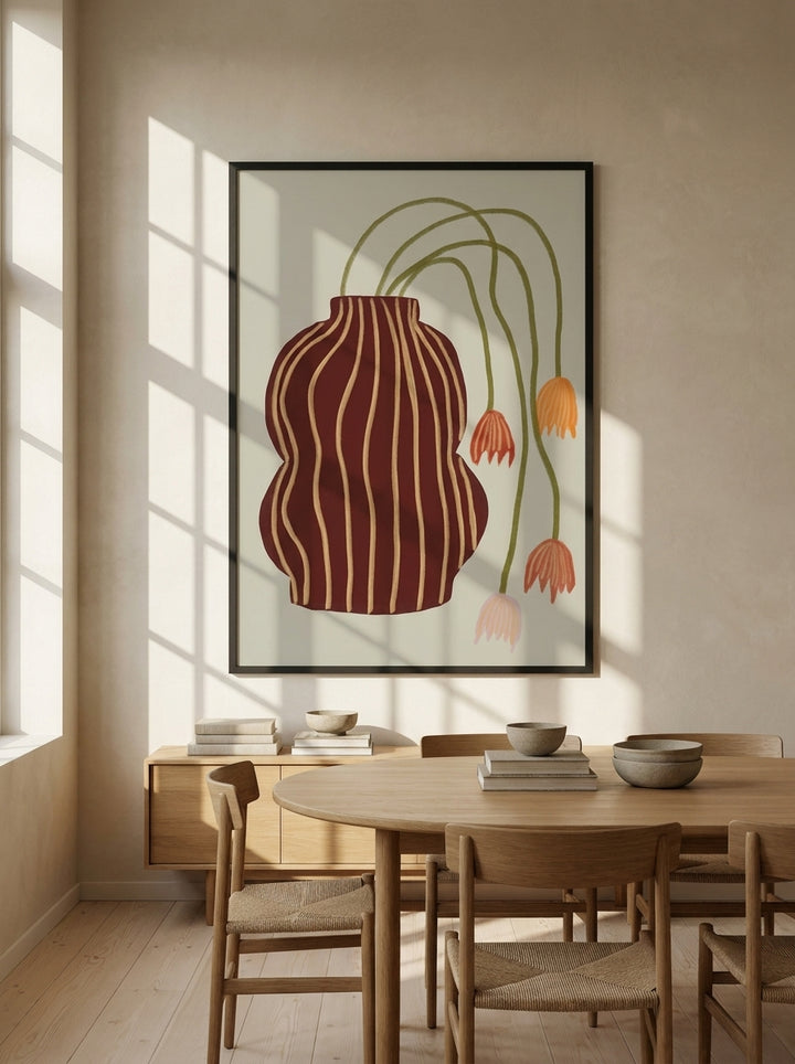 Oversized statement modern wall art print styled on the wall in a warm Japandi dining room