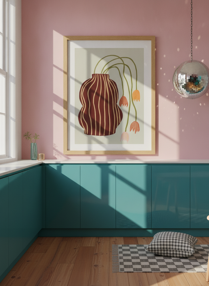 Modern wall art print styled on the wall in a colourful eclectic kitchen