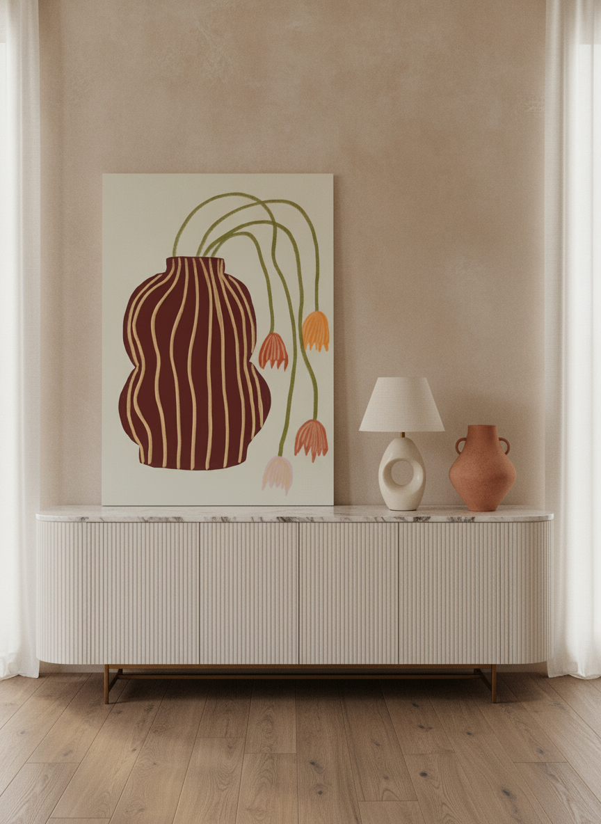 Stretched canvas wall art standing on a sideboard in a luxe dining room