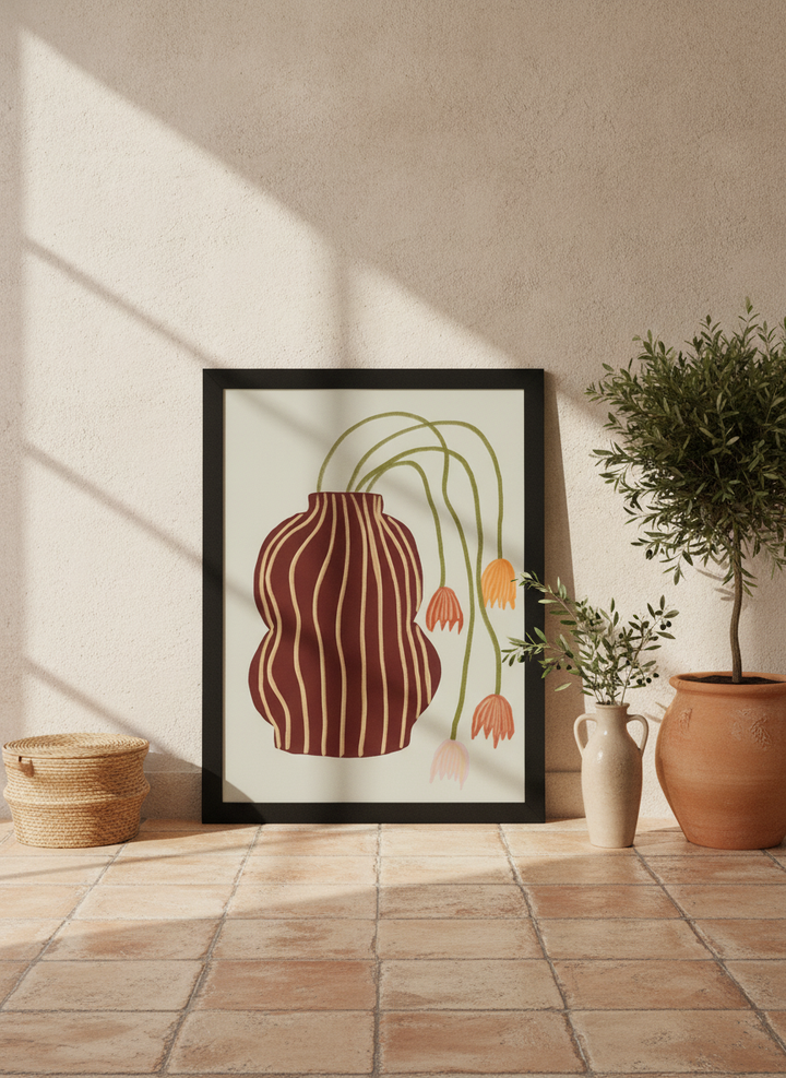 Modern wall art print leaning against the wall in a Mediterranean home office