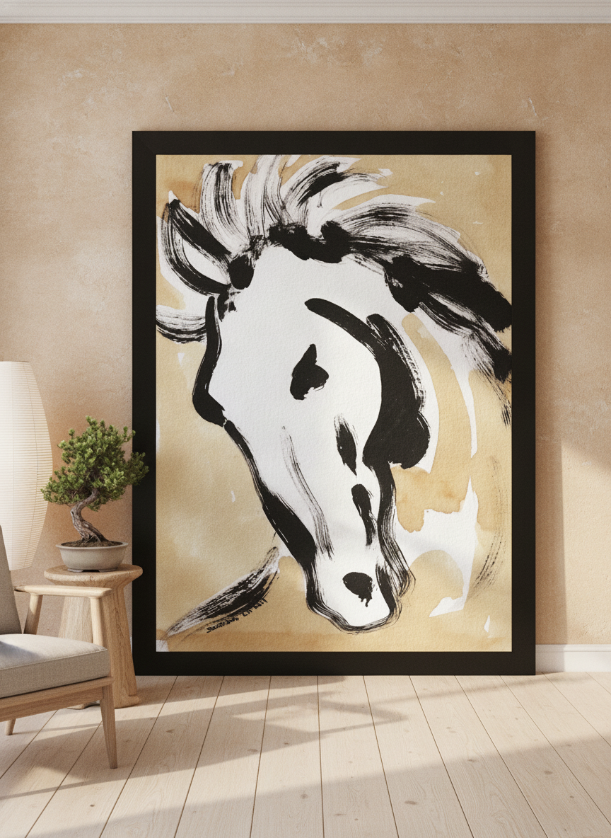 Oversized statement modern wall art print leaning against the wall in a warm Japandi home office