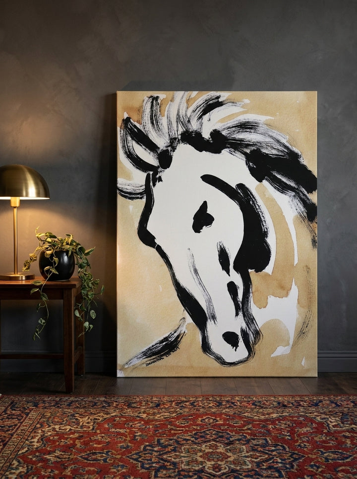 Stretched canvas wall art leaning against the wall in a moody bedroom
