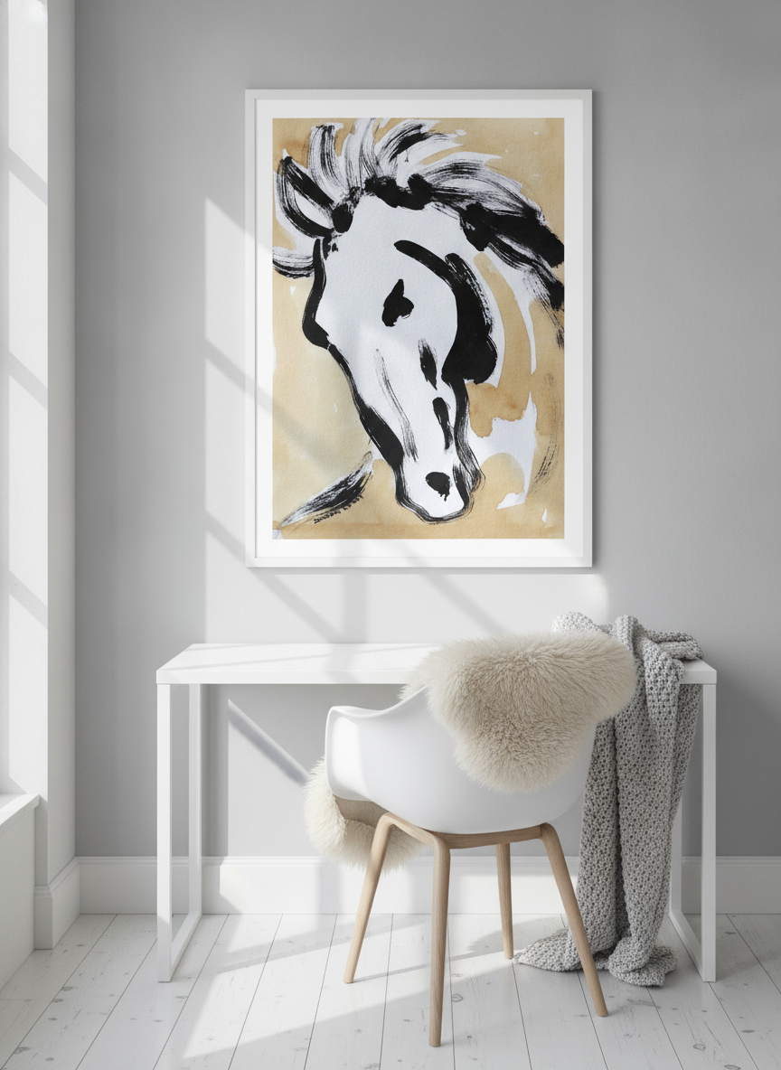 Modern wall art print styled on the wall in a bright Scandinavian home office