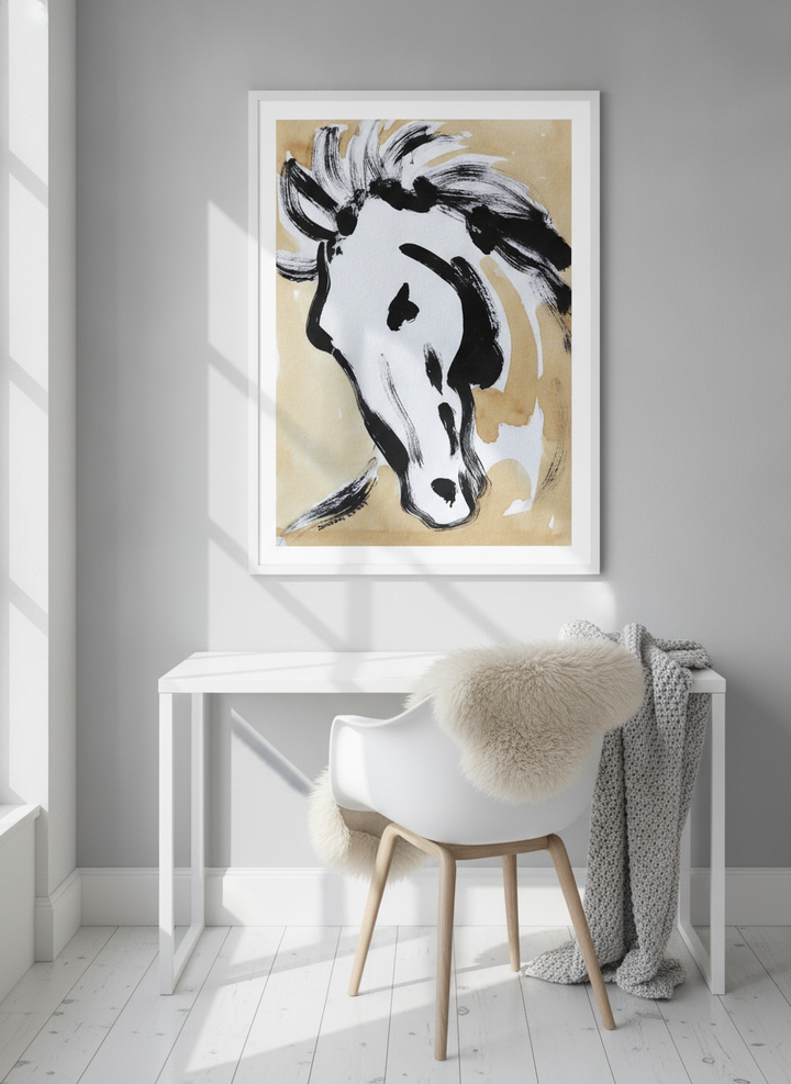 Modern wall art print styled on the wall in a bright Scandinavian home office
