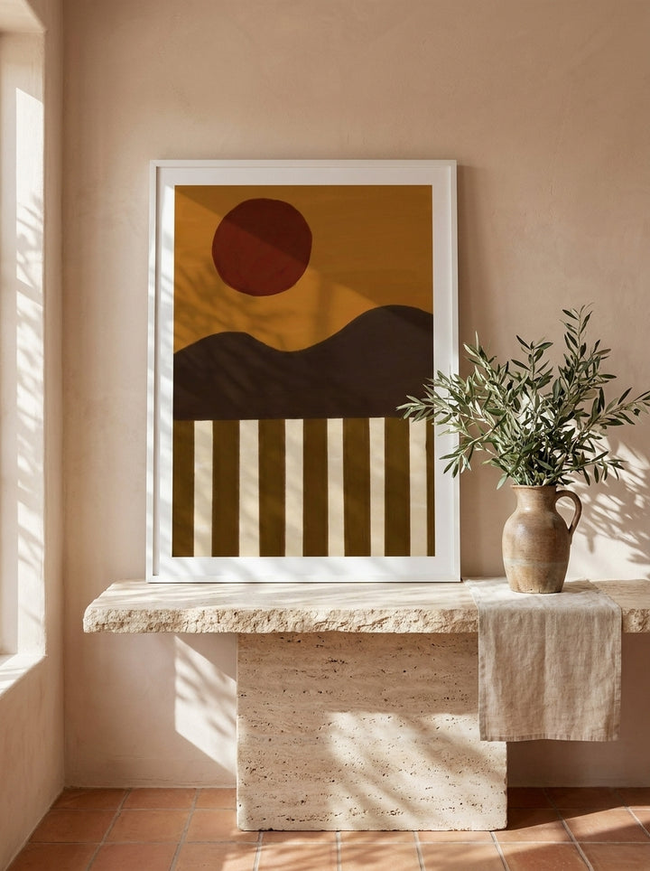 Modern wall art print standing on a console in a Mediterranean home office