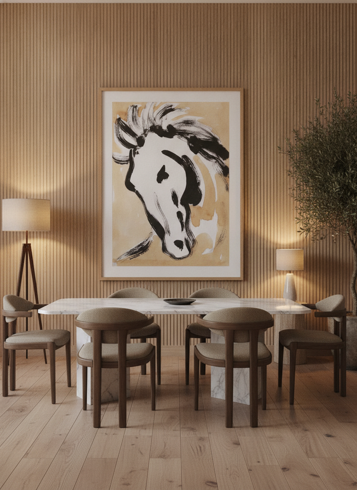 Oversized statement modern wall art print styled on the wall in a luxe dining room