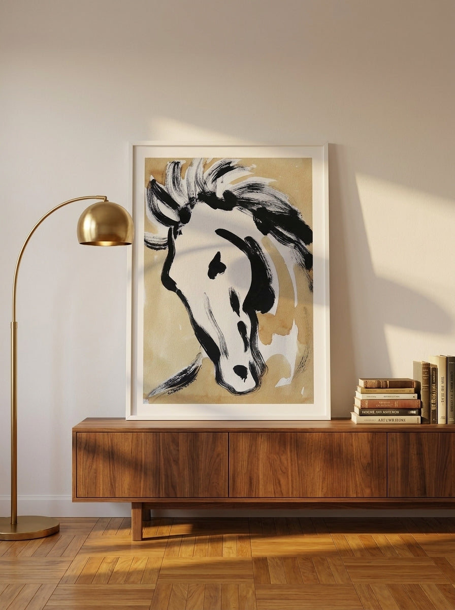 Modern wall art print standing on a sideboard in a mid-century bedroom
