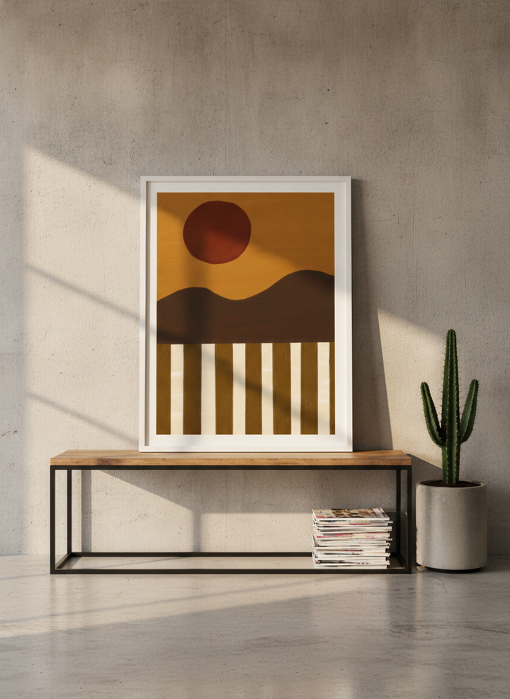 Modern wall art print standing on a console in an industrial loft bedroom