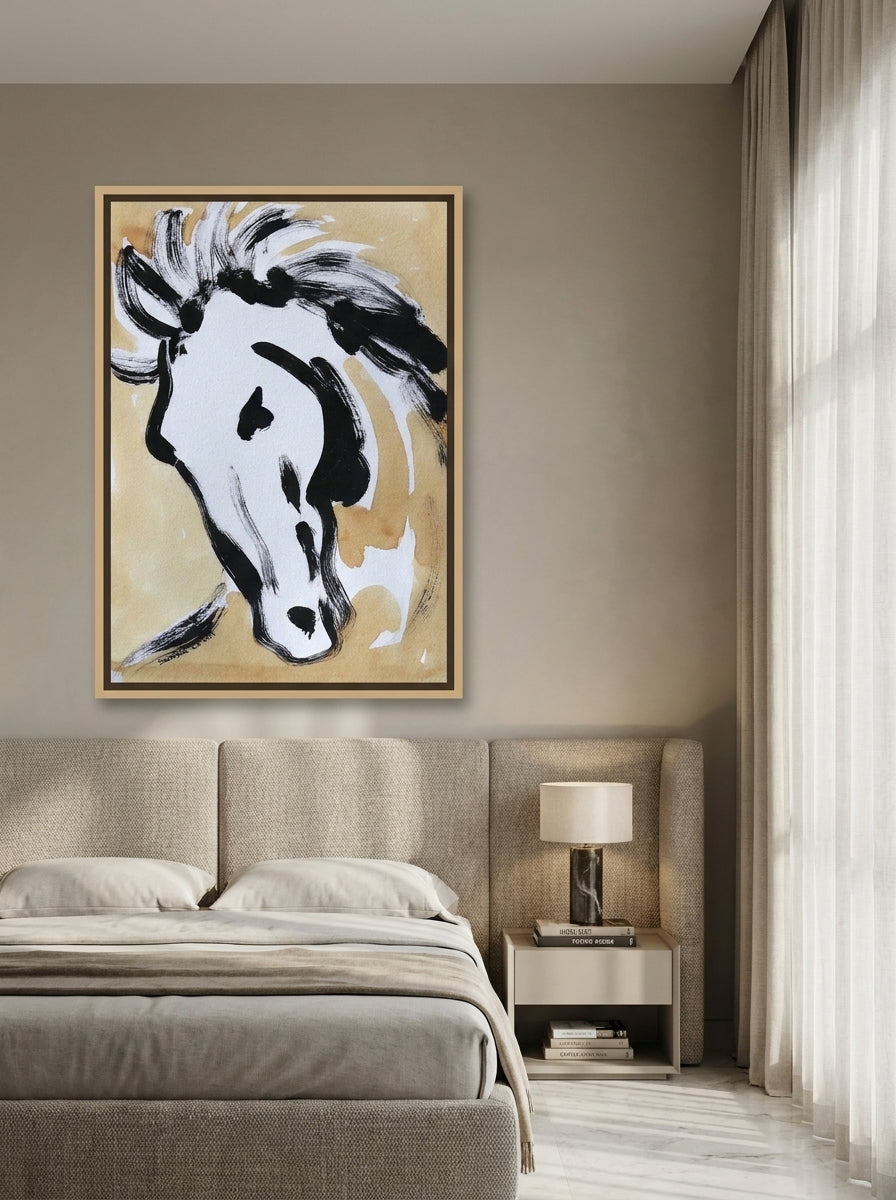Oversized statement canvas wall art with a natural timber surround styled on the wall in a luxe bedroom