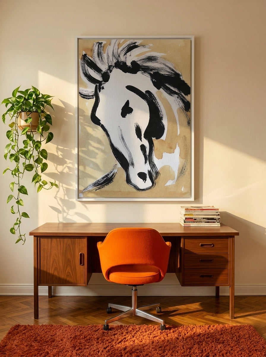Canvas wall art with a white surround styled on the wall in a retro 70s home office