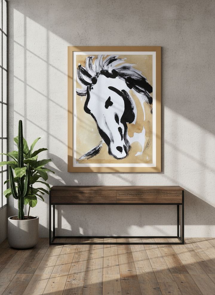 Modern wall art print styled on the wall in an industrial loft living room