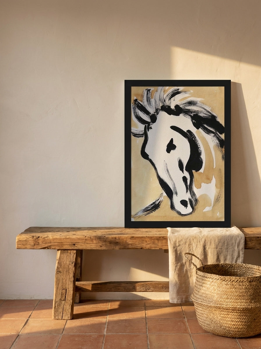 Modern wall art print standing on a bench in a Mediterranean living room