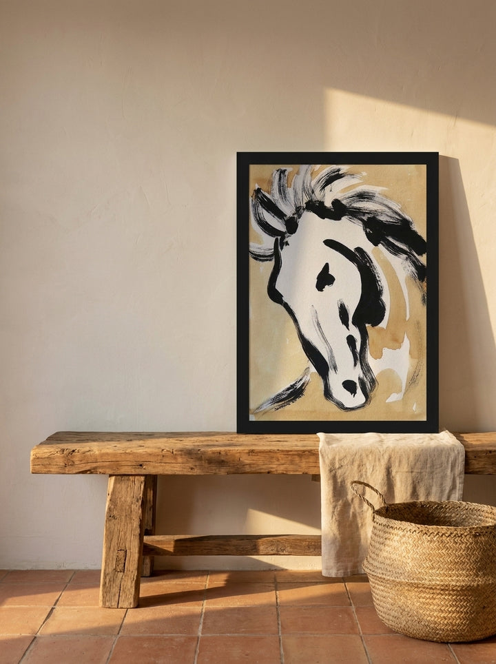 Modern wall art print standing on a bench in a Mediterranean living room