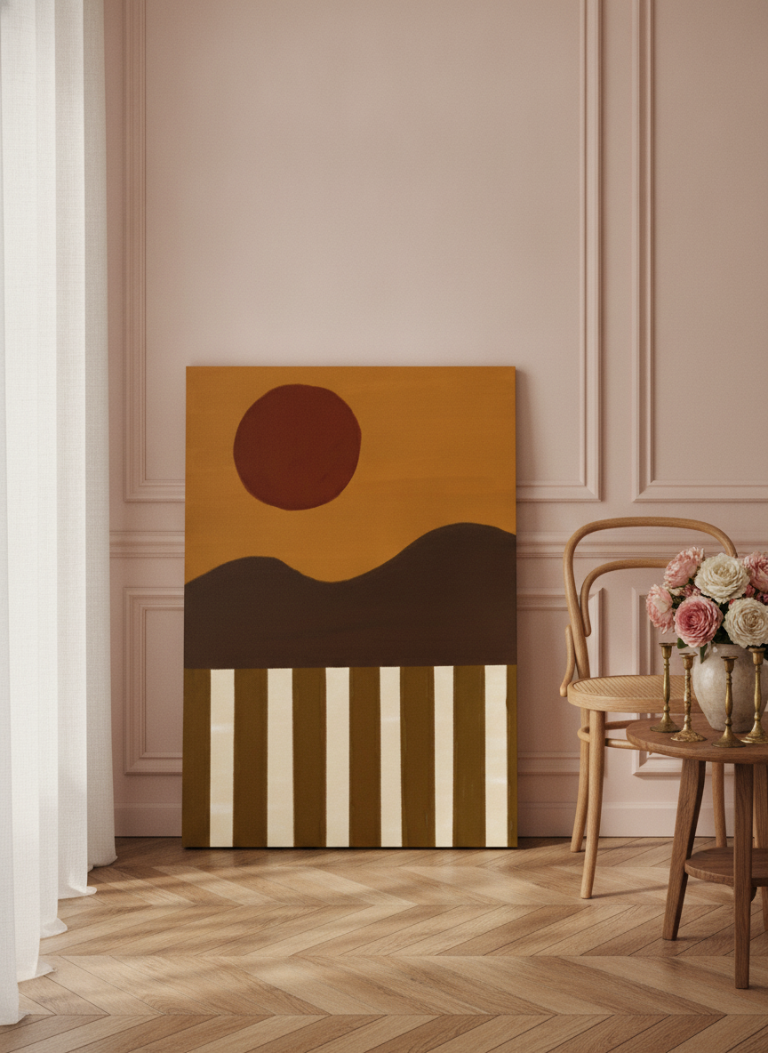 Stretched canvas wall art leaning against the wall in a Parisian home office