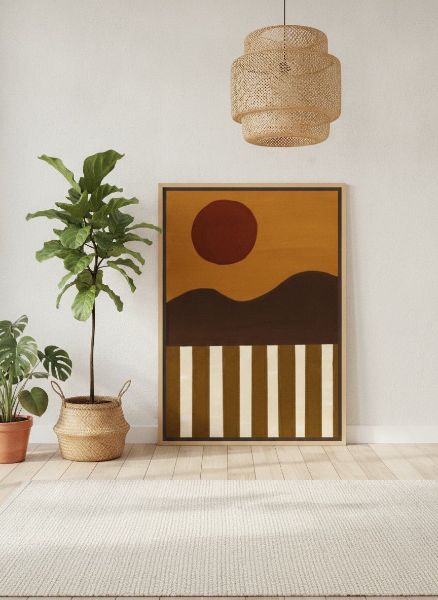 Oversized statement canvas wall art with a natural timber surround leaning against the wall in a bright Scandinavian dining room