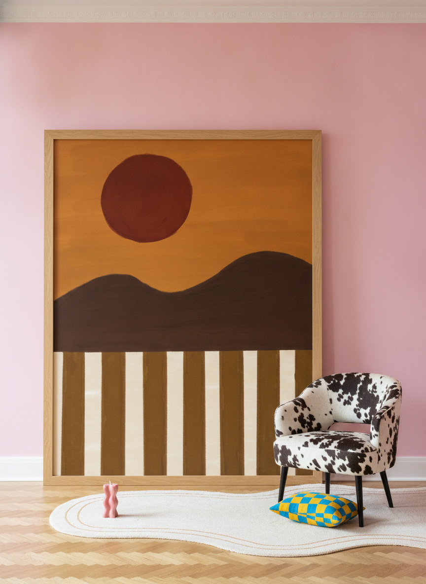 Oversized statement modern wall art print leaning against the wall in a colourful eclectic dining room