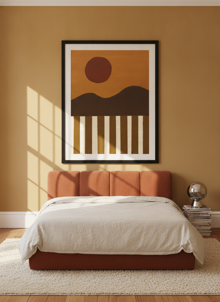 Oversized statement modern wall art print styled on the wall in a retro 70s bedroom