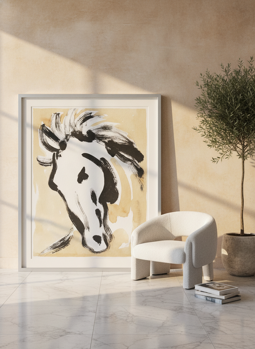 Oversized statement canvas wall art with a silver leaf surround leaning against the wall in a luxe bedroom