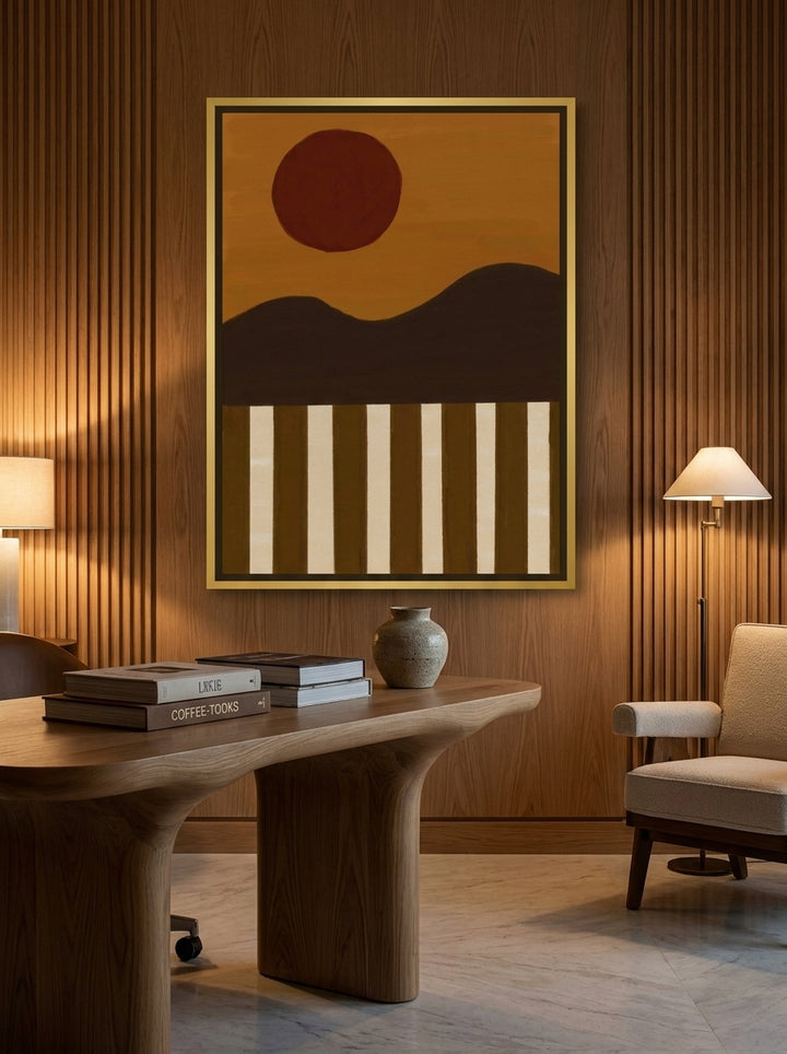 Canvas wall art with a gold leaf surround styled on the wall in a luxe home office