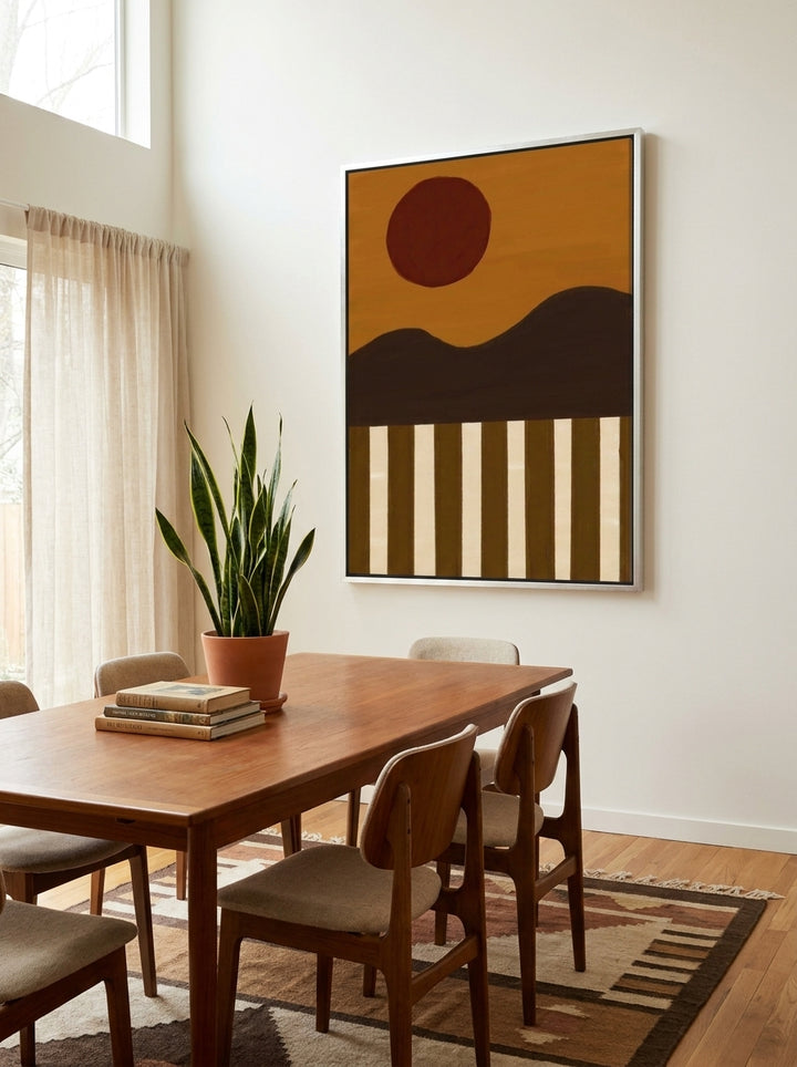 Oversized statement canvas wall art with a silver leaf surround styled on the wall in a mid-century dining room