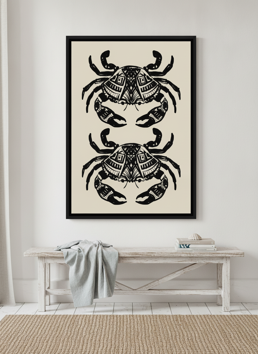Canvas wall art with a black surround styled on the wall in a coastal living room